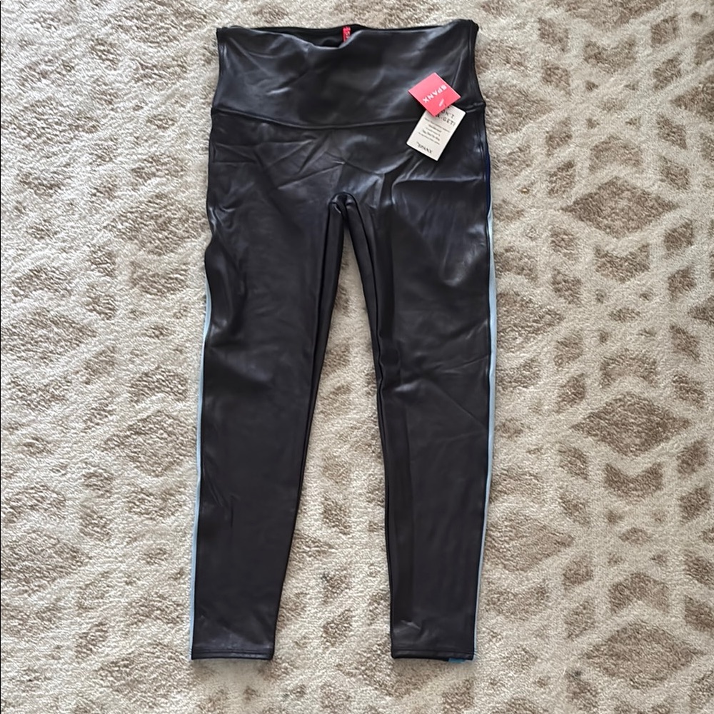 Navy/Cool Blue Faux Leather 7/8 Track Stripe Leggings